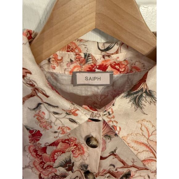 Saiph Lab Italy Beige & Rose Asian Inspired Linen Button Up Romper sz M EUC - Picture 5 of 9
